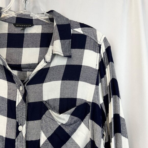 Staccato Women’s Long Roll Tab Sleeve Button Down Top Navy/White Check S - Picture 3 of 8